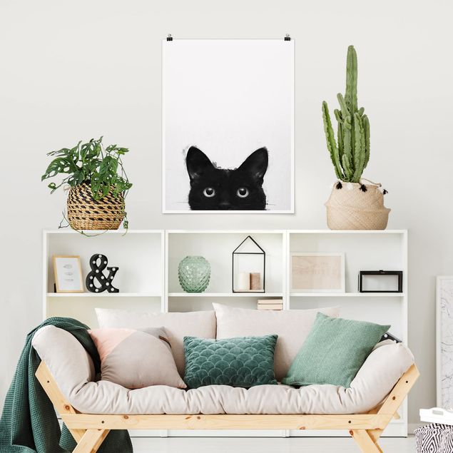 Wanddeko Schlafzimmer Illustration Schwarze Katze auf Weiß Malerei