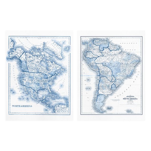 Wanddeko Büro Karten in Blautönen Nord- und Südamerika Set I