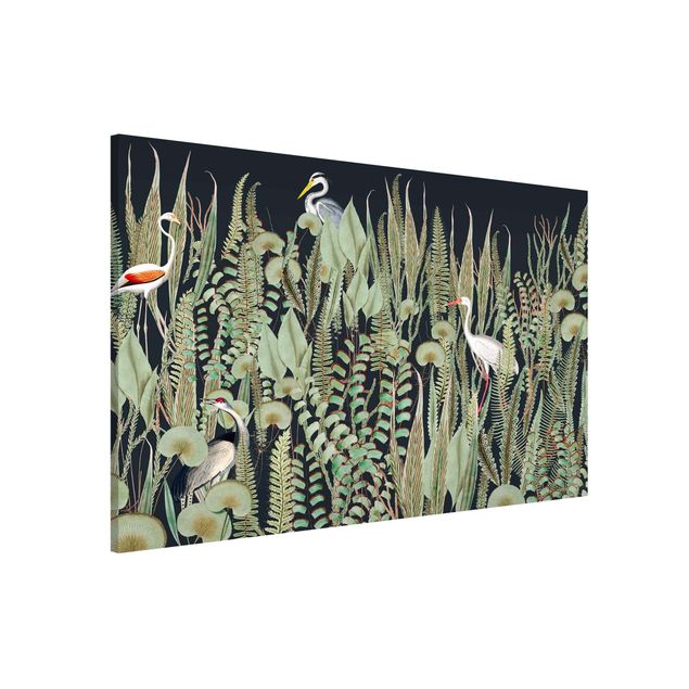 Wanddeko Flur Flamingo und Storch mit Pflanzen auf Grün