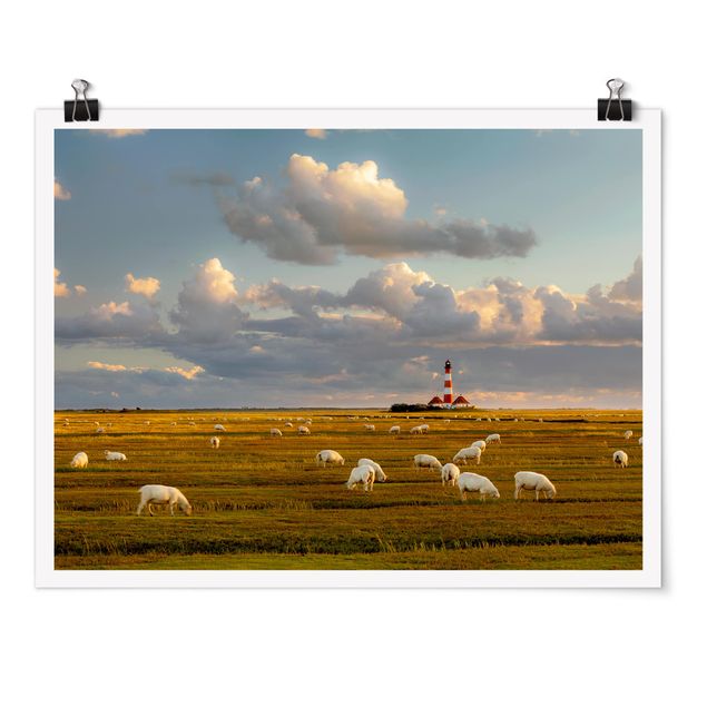 Wanddeko grün Nordsee Leuchtturm mit Schafsherde