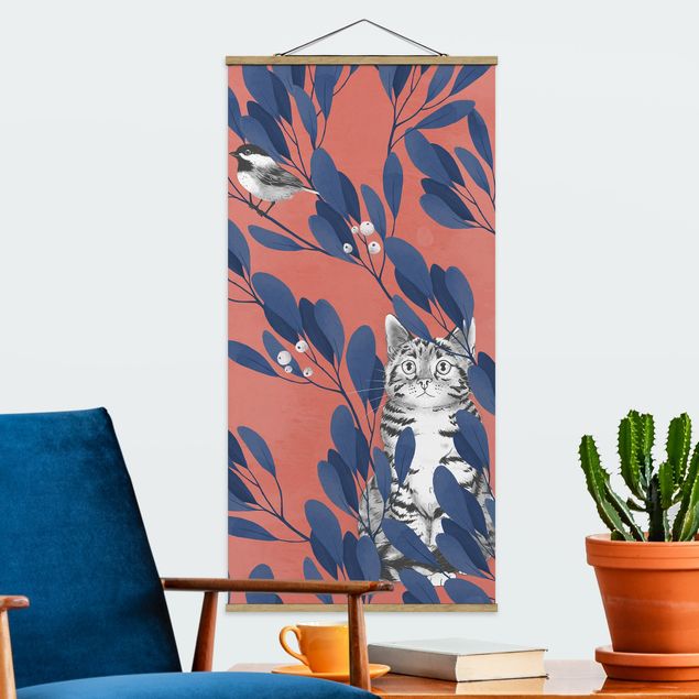 Wanddeko Wohnzimmer Illustration Katze und Vogel auf Ast Blau Rot