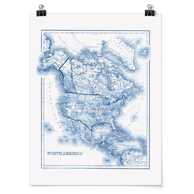 Wanddeko Esszimmer Karte in Blautönen - Nordamerika