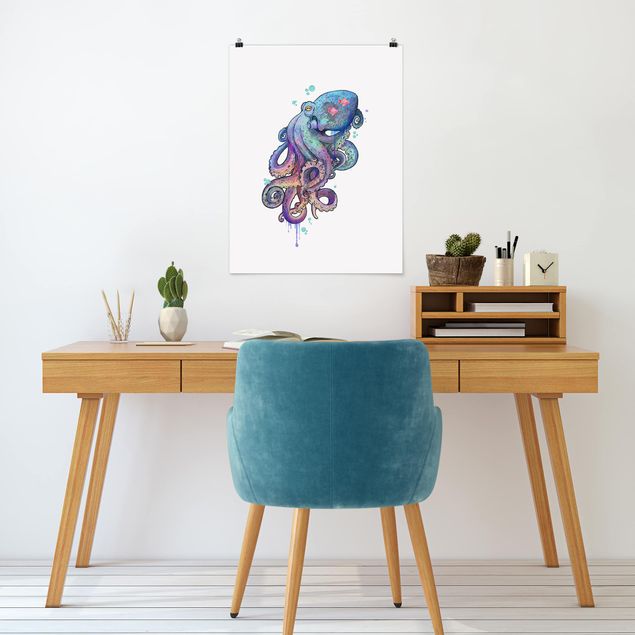 Wanddeko Flur Illustration Oktopus Violett Türkis Malerei