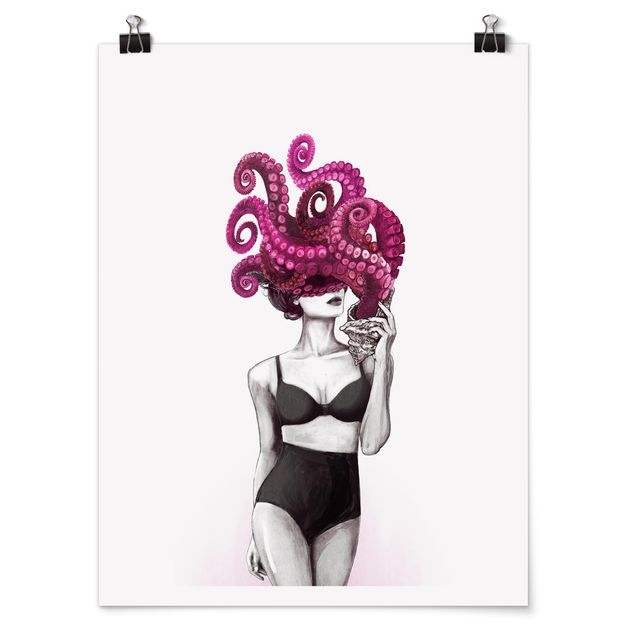 Wanddeko Esszimmer Illustration Frau in Unterwäsche Schwarz Weiß Oktopus