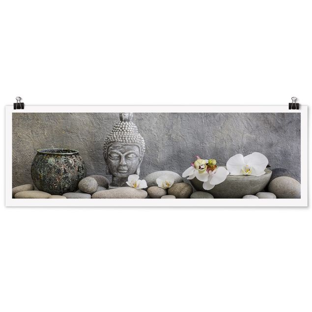 Wanddeko grau Zen Buddha mit weißen Orchideen