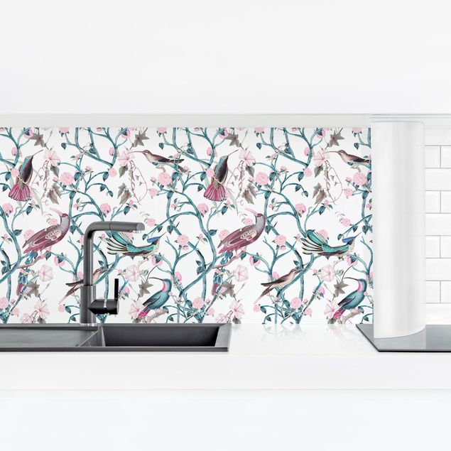 Wanddeko Küche Rosa Blumenranken mit Vögeln in Blau
