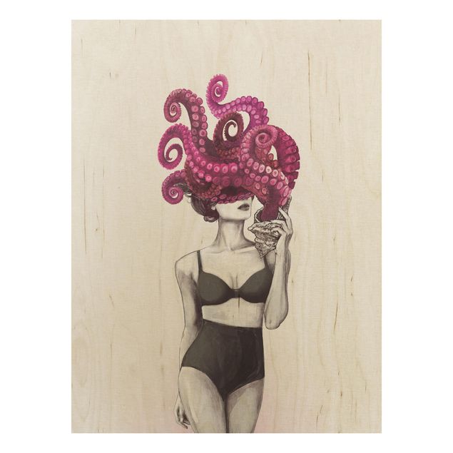 Wanddeko Esszimmer Illustration Frau in Unterwäsche Schwarz Weiß Oktopus