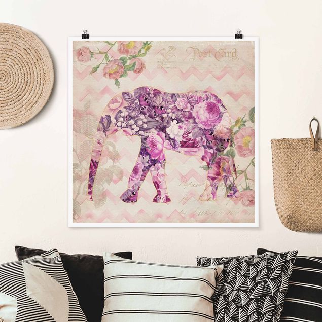 Wandbilder Elefanten Vintage Collage - Rosa Blüten Elefant