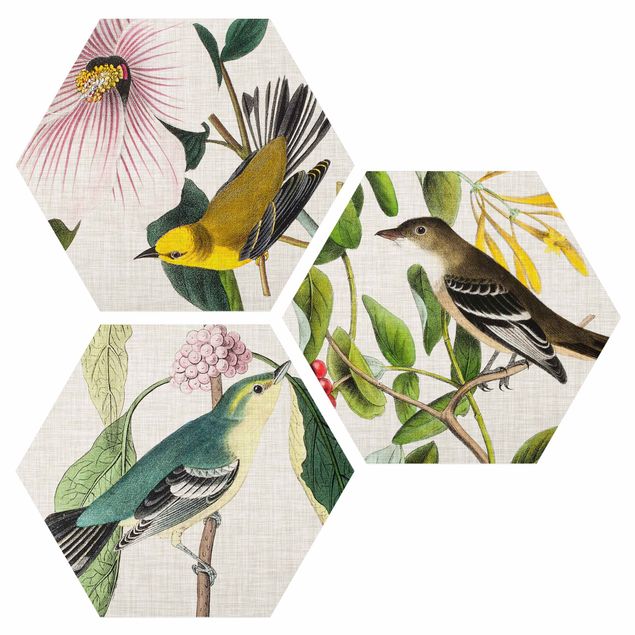 Wanddeko Blume Vögel auf Leinen Set I