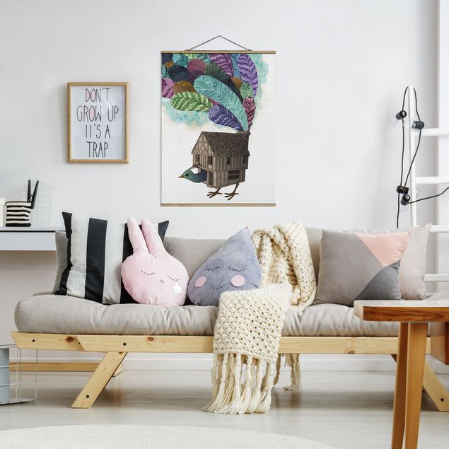 Wanddeko Schlafzimmer Illustration Vogel Haus mit Federn