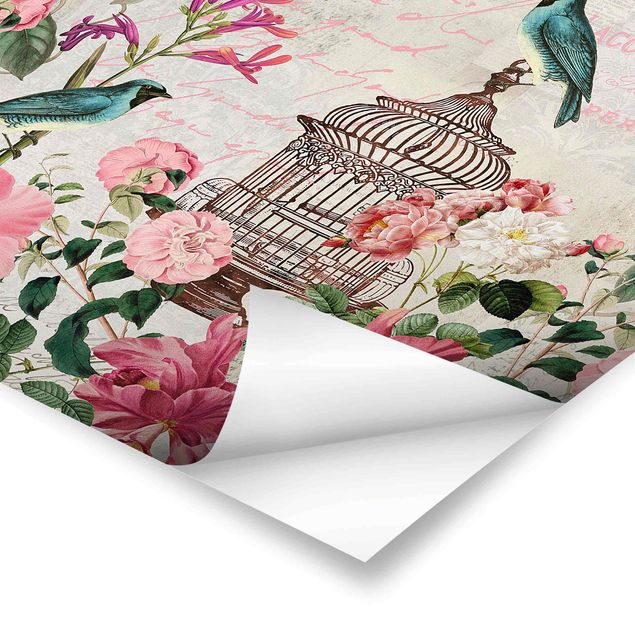 Wanddeko Treppenhaus Shabby Chic Collage - Rosa Blüten und blaue Vögel