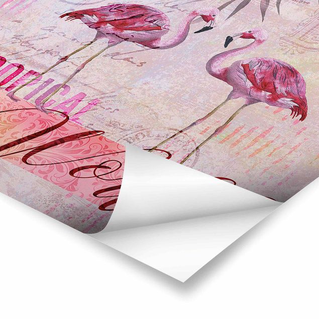 Wanddeko über Sofa Vintage Collage - Tropical World Flamingos