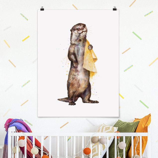 Wanddeko braun Illustration Otter mit Handtuch Malerei Weiß
