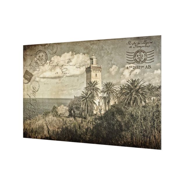Deko Leuchtturm Vintage Postkarte mit Leuchtturm und Palmen
