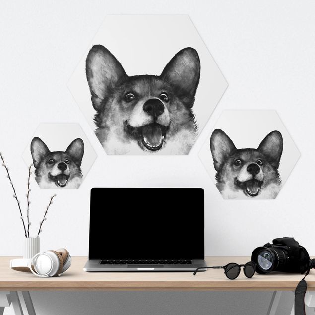 Wanddeko über Bett Illustration Hund Corgi Weiß Schwarz Malerei