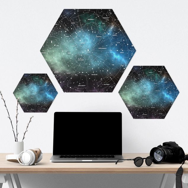 Wanddeko über Bett Sternbilder Karte Galaxienebel