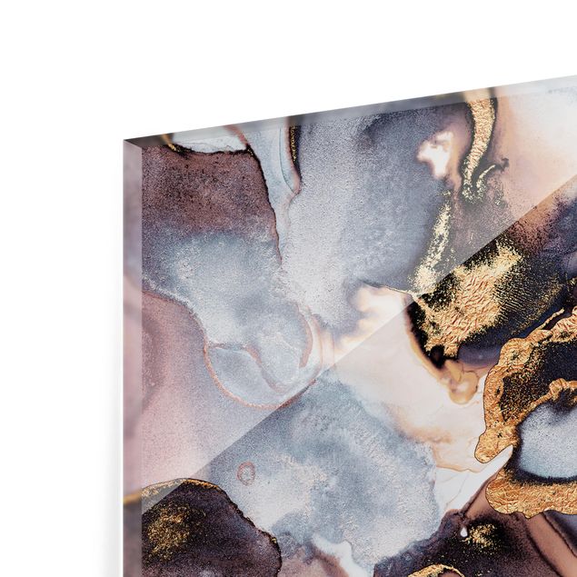 Glasrückwand Küche Steinoptik Marmor Aquarell mit Gold