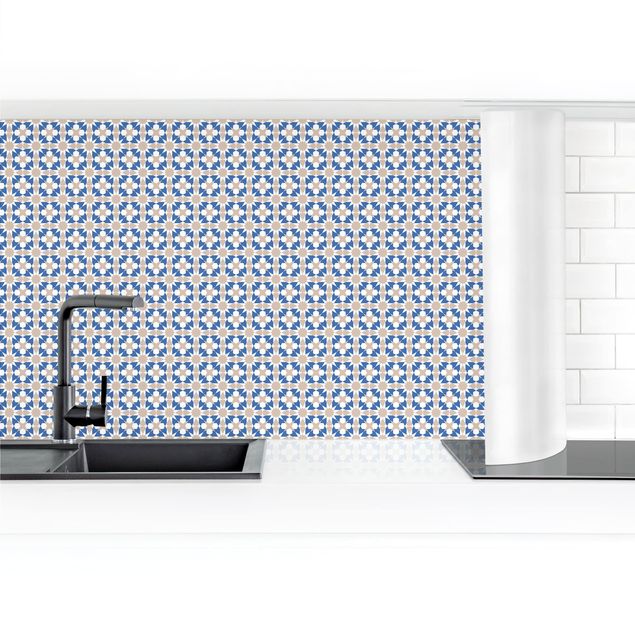 Küchenrückwand Folie Fliesenoptik Orientalisches Muster mit blauen Sternen