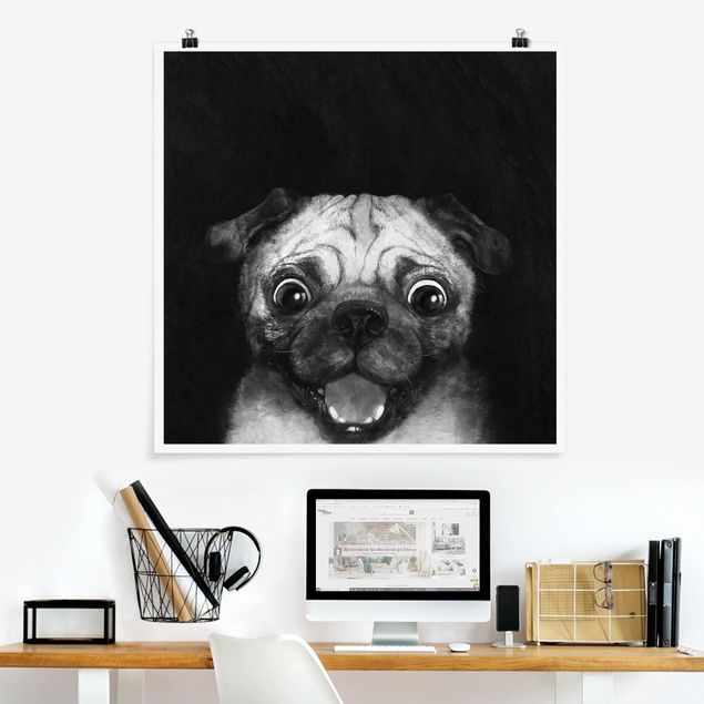 Wanddeko Wohnzimmer Illustration Hund Mops Malerei auf Schwarz Weiß