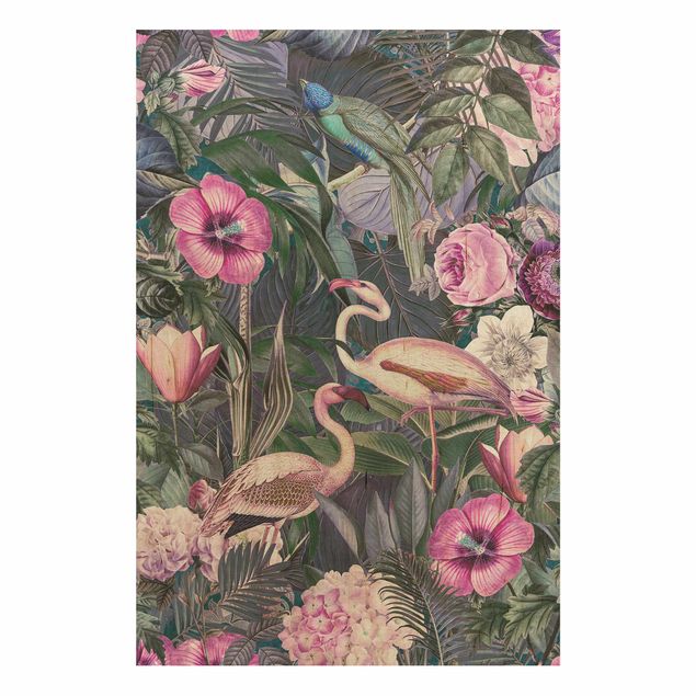 Wohndeko Blume Bunte Collage - Pinke Flamingos im Dschungel