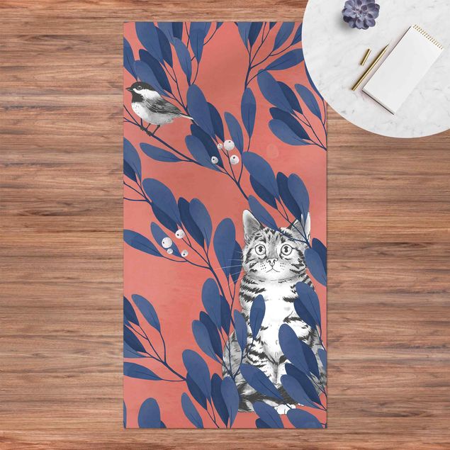 Wanddeko Mädchenzimmer Illustration Katze und Vogel auf Ast Blau Rot