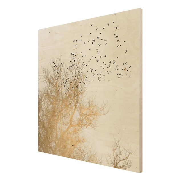 Wanddeko Flur Vogelschwarm vor goldenem Baum