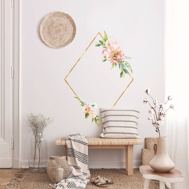 Wanddeko Wohnzimmer Aquarell Rosa Blüten Gold Rahmen XXL