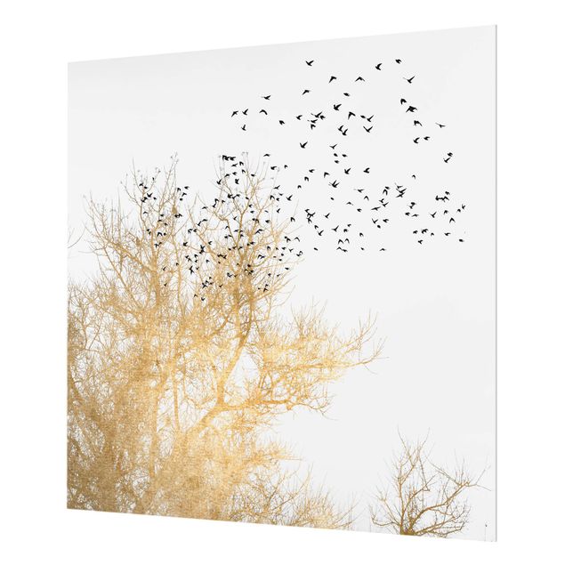 Wanddeko Vögel Vogelschwarm vor goldenem Baum