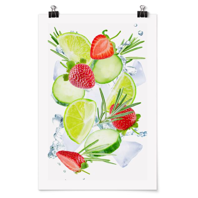 Wanddeko Obst Erdbeeren Limetten Eiswürfel Splash