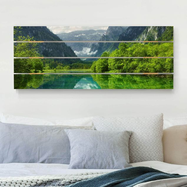 Wanddeko Schlafzimmer Bergsee mit Spiegelung