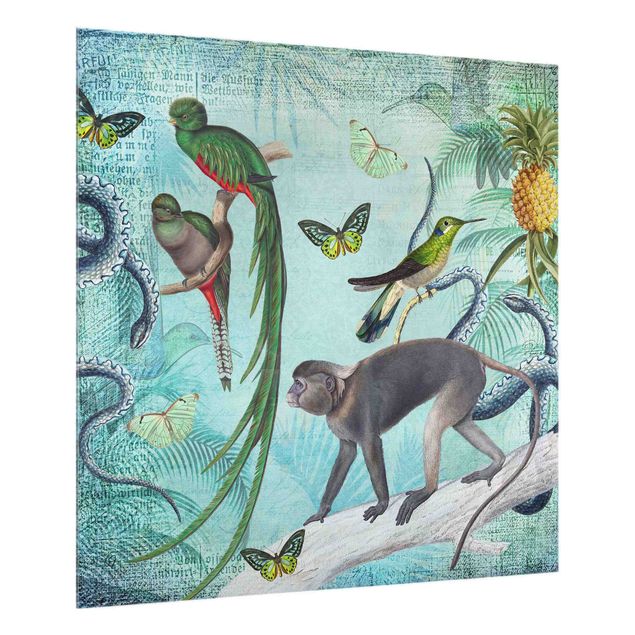 Deko Tropisch Colonial Style Collage - Äffchen und Paradiesvögel