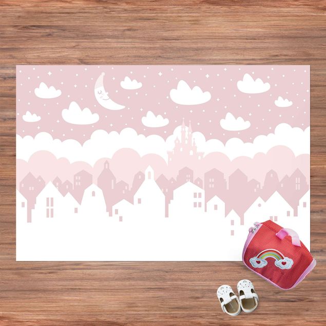 Wanddeko Babyzimmer Sternenhimmel mit Häusern und Mond in rosa