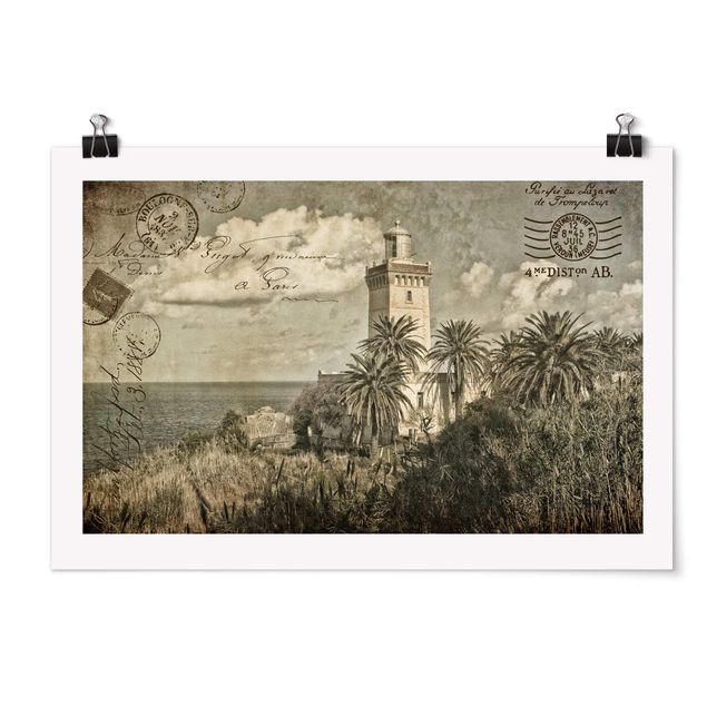 Wanddeko Esszimmer Leuchtturm und Palmen - Vintage Postkarte