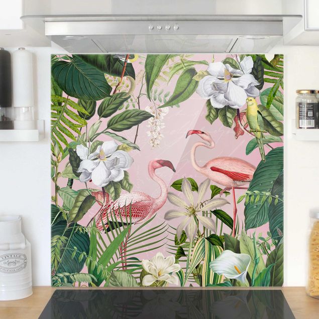 Küchen Deko Tropische Flamingos mit Pflanzen in Rosa
