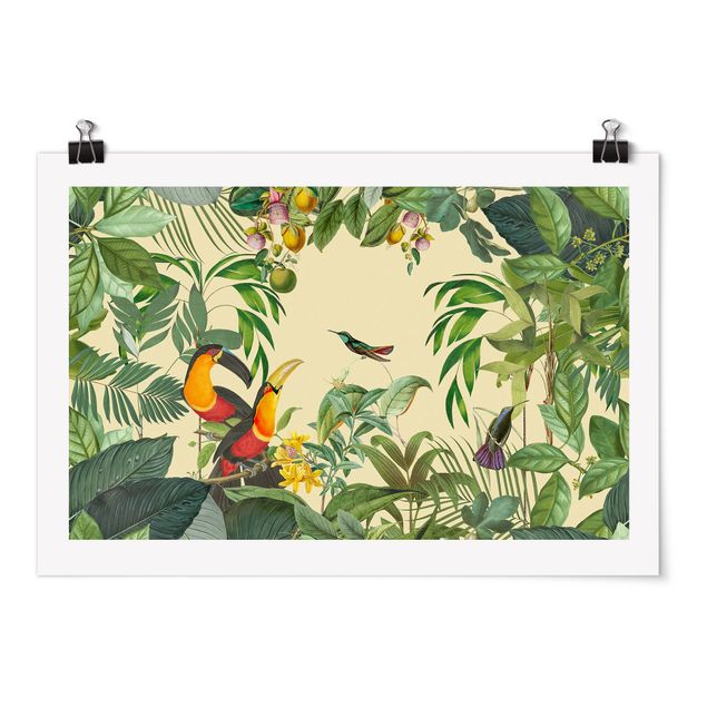 Wanddeko Flur Vintage Collage - Vögel im Dschungel