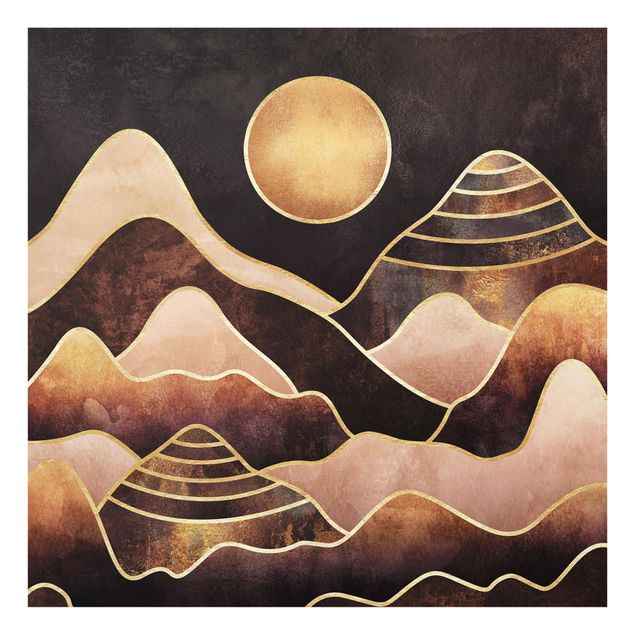 Wohndeko Aquarell Goldene Sonne abstrakte Berge