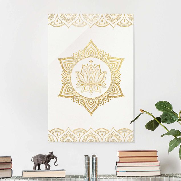 Wanddeko Schlafzimmer Mandala Lotus Illustration Ornament weiß gold