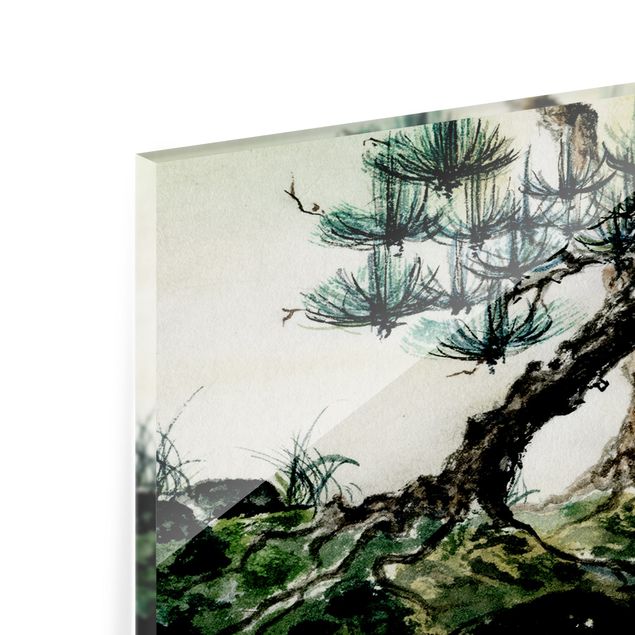Wanddeko Vintage Japanische Aquarell Zeichnung Kiefer und Bergdorf