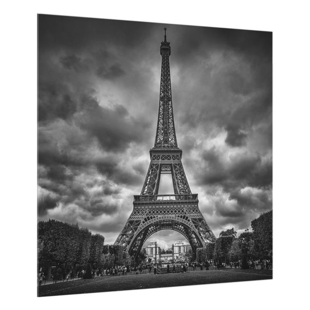 Wanddeko schwarz-weiß Eiffelturm vor Wolken schwarz-weiß