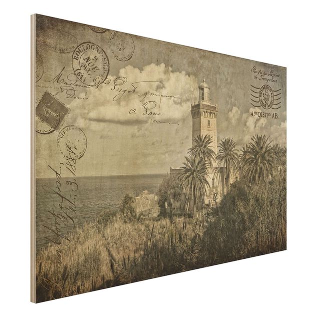 Wanddeko beige Leuchtturm und Palmen - Vintage Postkarte