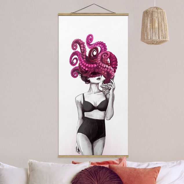 Wanddeko Wohnzimmer Illustration Frau in Unterwäsche Schwarz Weiß Oktopus