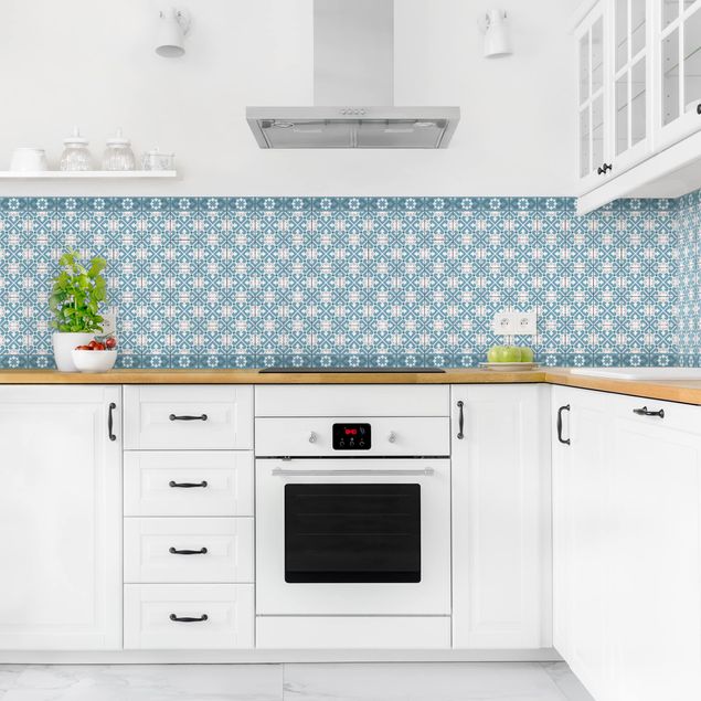 Küche Dekoration Geometrischer Fliesenmix Herzen Blaugrau