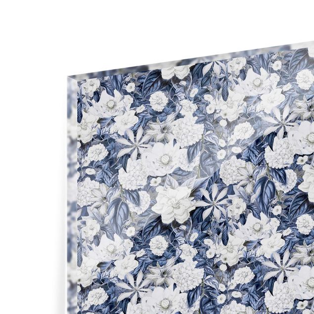 Glasrückwand Küche Muster Weiße Blumen vor Blau