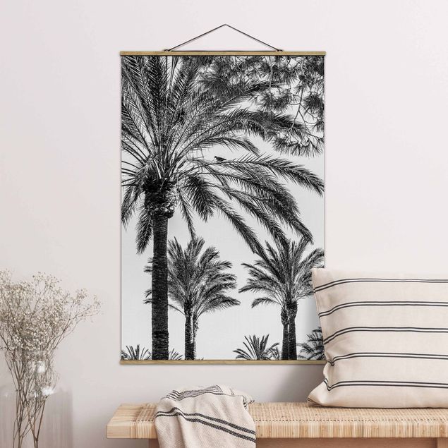 Wanddeko Wohnzimmer Palmen im Sonnenuntergang Schwarz-Weiß