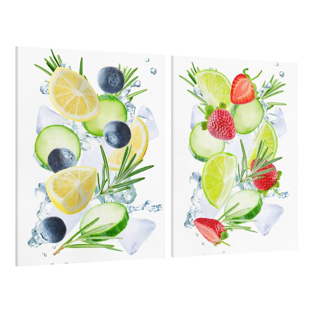 Wandbilder Modern Beeren und Zitrusfrucht Eiswürfel Spash