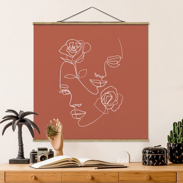 Wanddeko Wohnzimmer Line Art Gesichter Frauen Rosen Kupfer