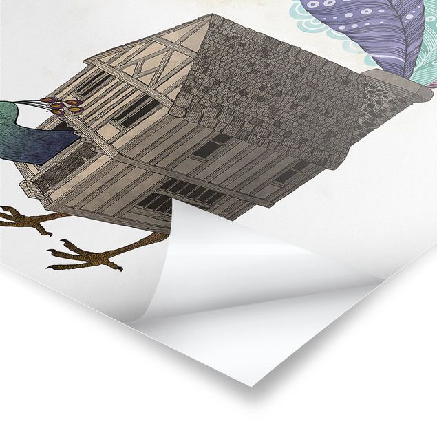 Wanddeko über Sofa Illustration Vogel Haus mit Federn