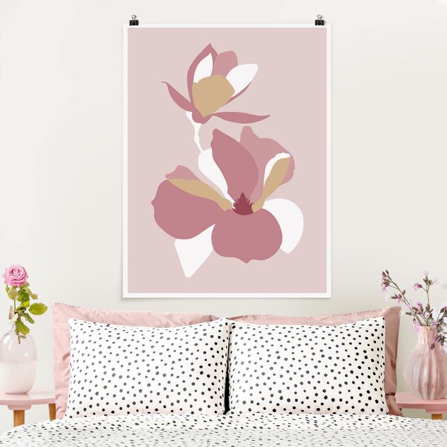 Wanddeko Schlafzimmer Line Art Blüten Pastell Rosa