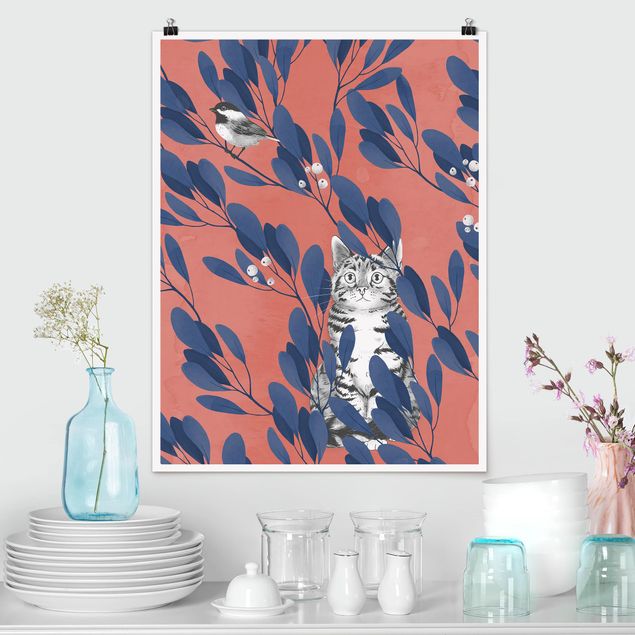 Wanddeko Schlafzimmer Illustration Katze und Vogel auf Ast Blau Rot