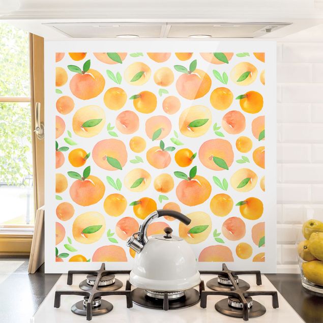 Küchen Deko Aquarell Orangen mit Blättern in weißem Rahmen